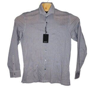 NEW Bugatchi Small Air‎ Blue / Brown Patterned Long Sleeve Button Down Shirt S